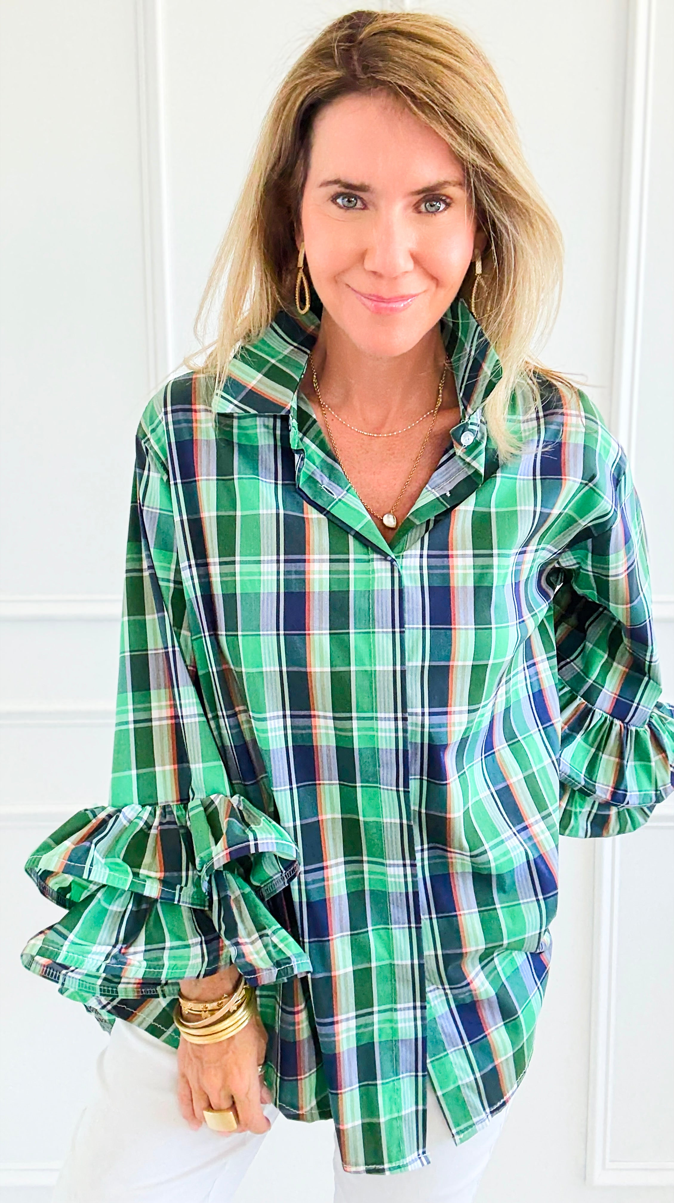 Tartan Ruffle Bell Sleeve Italian Blouse-170 Bottoms-TATTOO Z-Coastal Bloom Boutique, find the trendiest versions of the popular styles and looks Located in Indialantic, FL