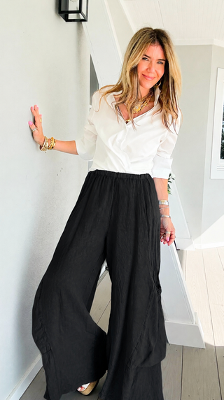 Moon Big Pocket Linen Italian Pants- Black