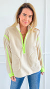 Glow Getter Sherpa Zip Sweatshirt - Oatmeal/Neon Green