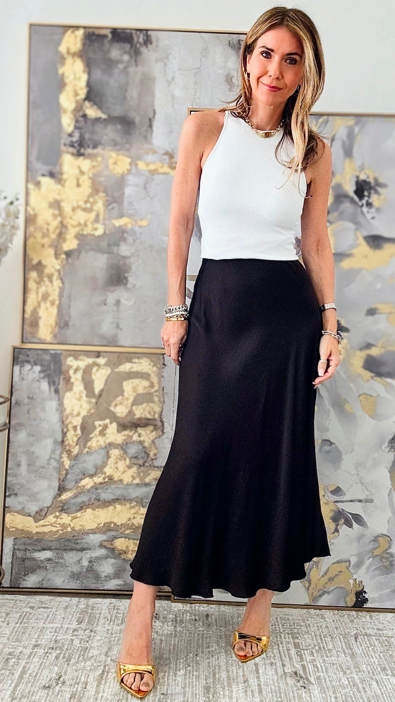 Brooklyn Italian Satin Midi Skirt - Black-170 Bottoms-Italianissimo-Coastal Bloom Boutique, find the trendiest versions of the popular styles and looks Located in Indialantic, FL