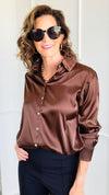 Vivienne Button Down Blouse - Brown-110 Long Sleeve Tops-Zenana-Coastal Bloom Boutique, find the trendiest versions of the popular styles and looks Located in Indialantic, FL