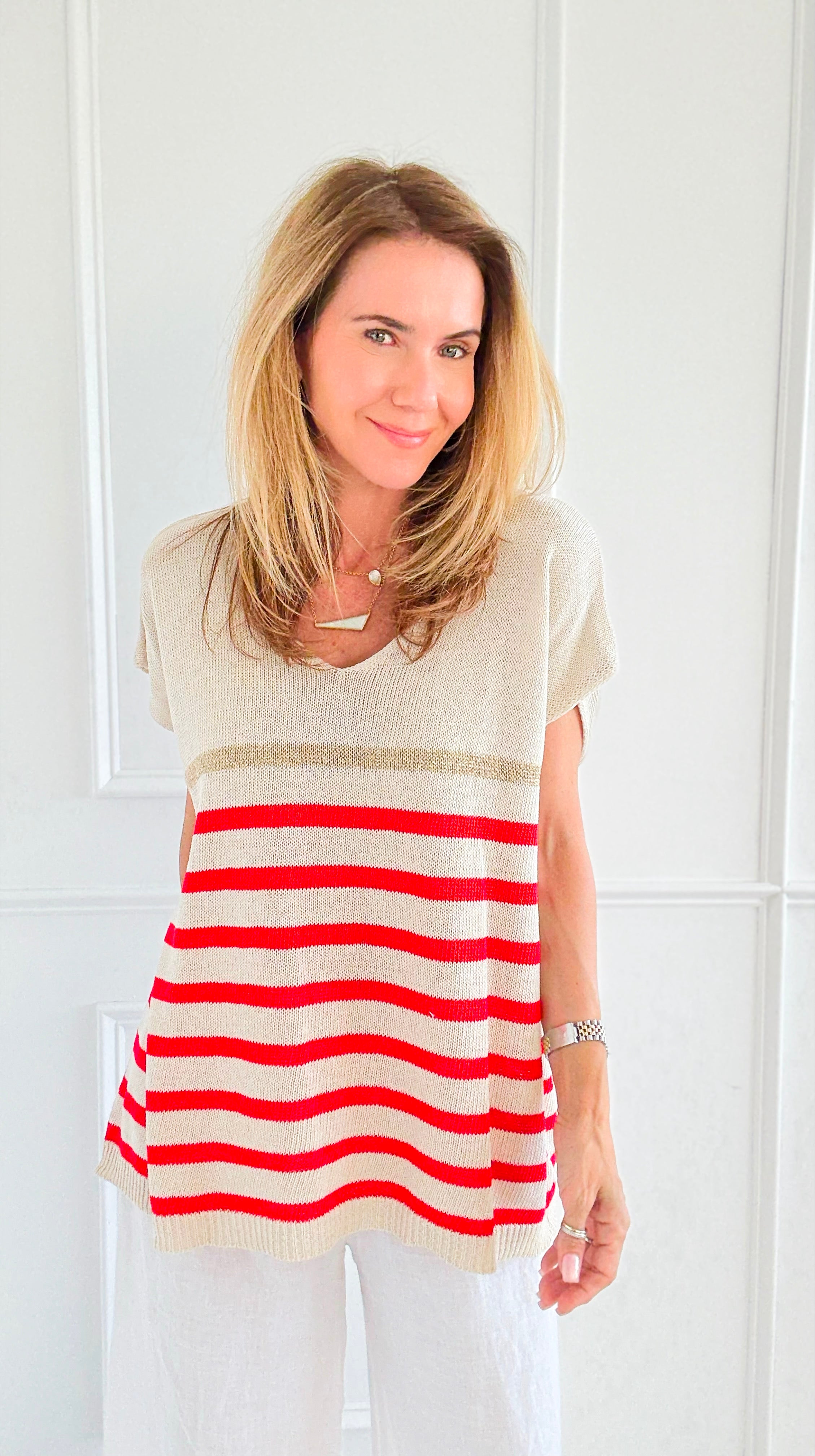 Sailor Stripe Italian Vest- Red-100 Sleeveless Tops-LY PARIS-Coastal Bloom Boutique, find the trendiest versions of the popular styles and looks Located in Indialantic, FL