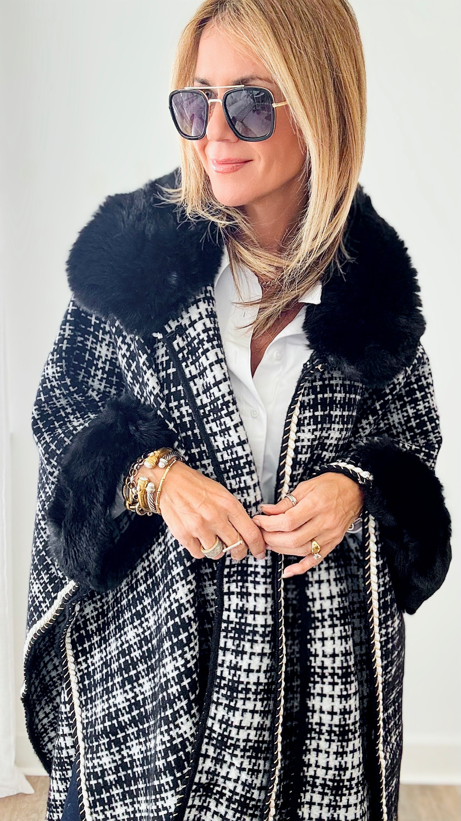 Shimmery Tweed Faux Fur Cape - Black-150 Cardigans/Layers-original usa-Coastal Bloom Boutique, find the trendiest versions of the popular styles and looks Located in Indialantic, FL