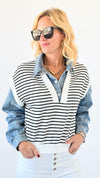 Denim Accent Striped Sweater Top-130 Long Sleeve Tops-Illord-Coastal Bloom Boutique, find the trendiest versions of the popular styles and looks Located in Indialantic, FL