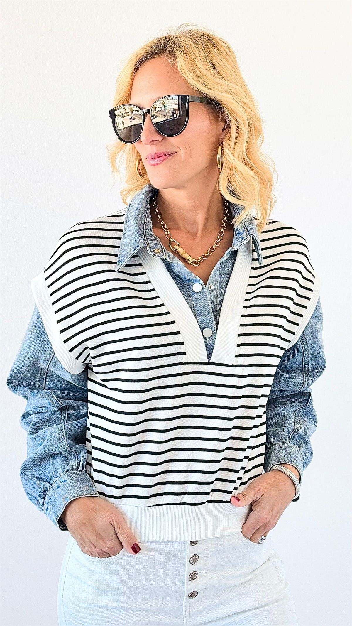 Denim Accent Striped Sweater Top-130 Long Sleeve Tops-Illord-Coastal Bloom Boutique, find the trendiest versions of the popular styles and looks Located in Indialantic, FL