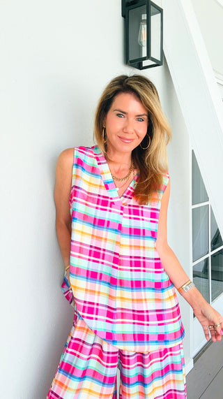 Sunshine Plaid Italian Sleeveless Top- Fuchsia