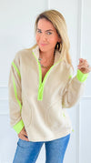 Glow Getter Sherpa Zip Sweatshirt - Oatmeal/Neon Green