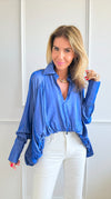 Hi-Low Draped Blouse - Denim Blue-130 Long Sleeve Tops-JJ's Fairyland-Coastal Bloom Boutique, find the trendiest versions of the popular styles and looks Located in Indialantic, FL