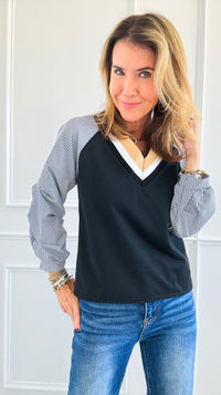 Riviera V-Neck Stripe Blouse -Black-130 Long Sleeve Tops-Chasing Bandits-Coastal Bloom Boutique, find the trendiest versions of the popular styles and looks Located in Indialantic, FL