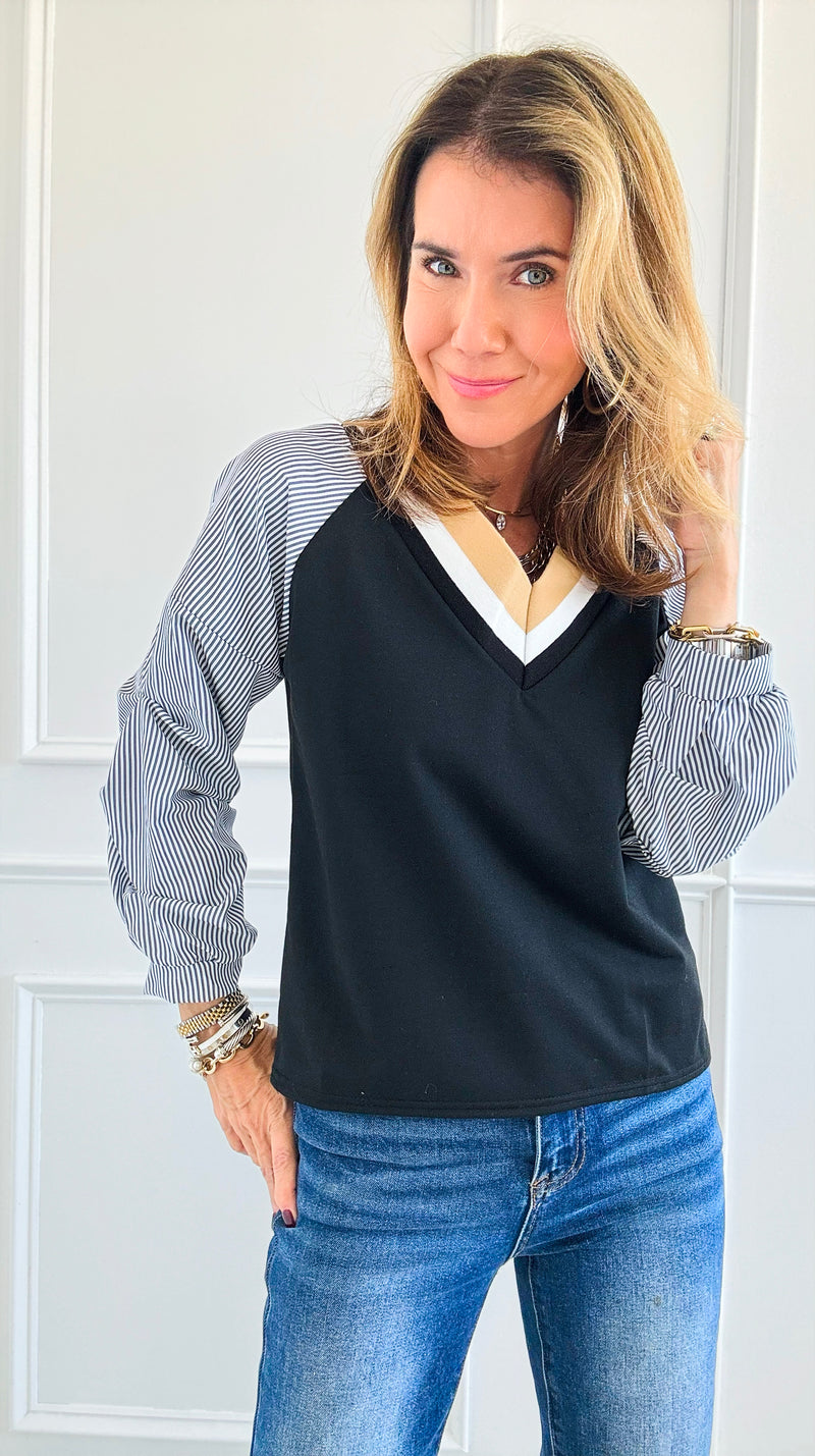 Riviera V-Neck Stripe Blouse -Black-130 Long Sleeve Tops-Chasing Bandits-Coastal Bloom Boutique, find the trendiest versions of the popular styles and looks Located in Indialantic, FL