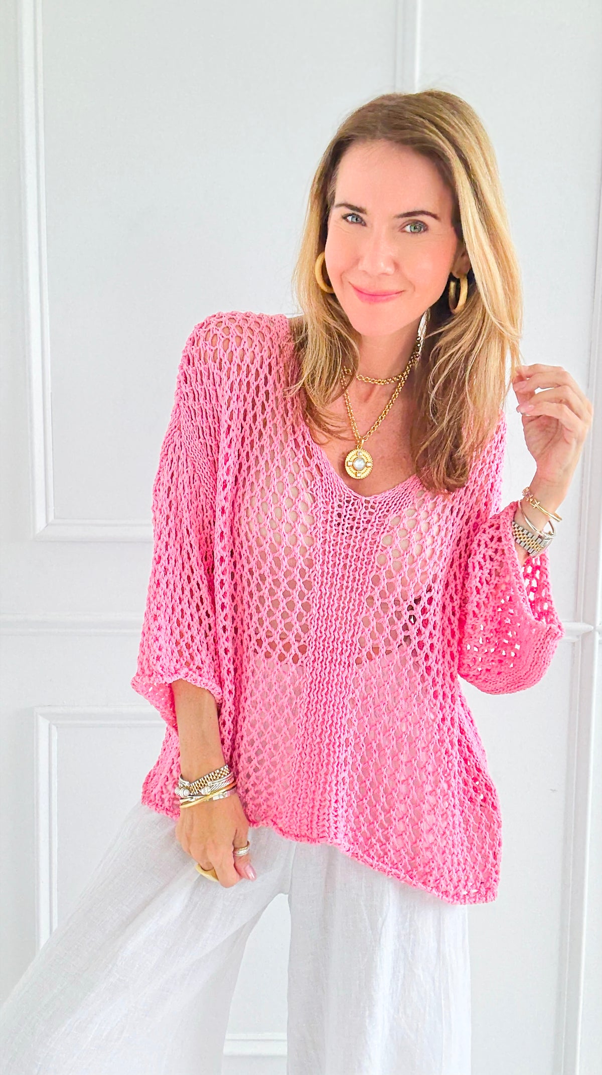 Sea Breeze Italian Crochet Top- Pink-140 Sweaters-SEÑORITA C-Coastal Bloom Boutique, find the trendiest versions of the popular styles and looks Located in Indialantic, FL