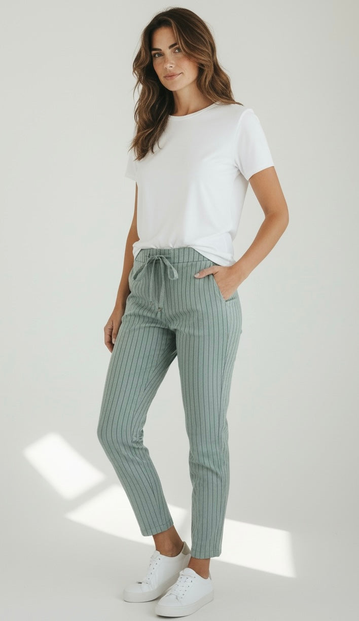 Easy Motion Stripe Italian Jogger- Sage-100 Pants-LY PARIS-Coastal Bloom Boutique, find the trendiest versions of the popular styles and looks Located in Indialantic, FL