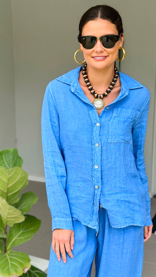 Tuscany Linen Italian Button Top- Periwinkle