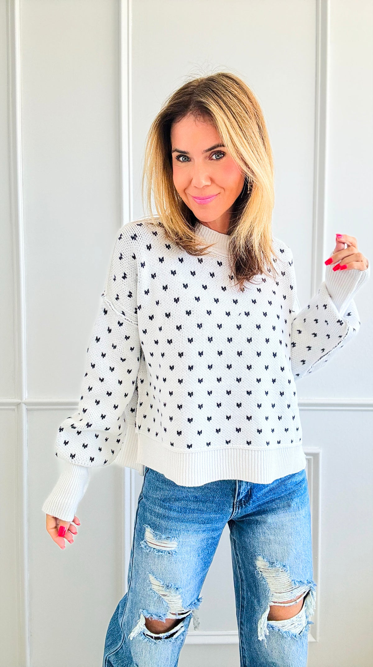 Heart Pattern Cropped Sweater - White-140 Sweaters-Miracle-Coastal Bloom Boutique, find the trendiest versions of the popular styles and looks Located in Indialantic, FL