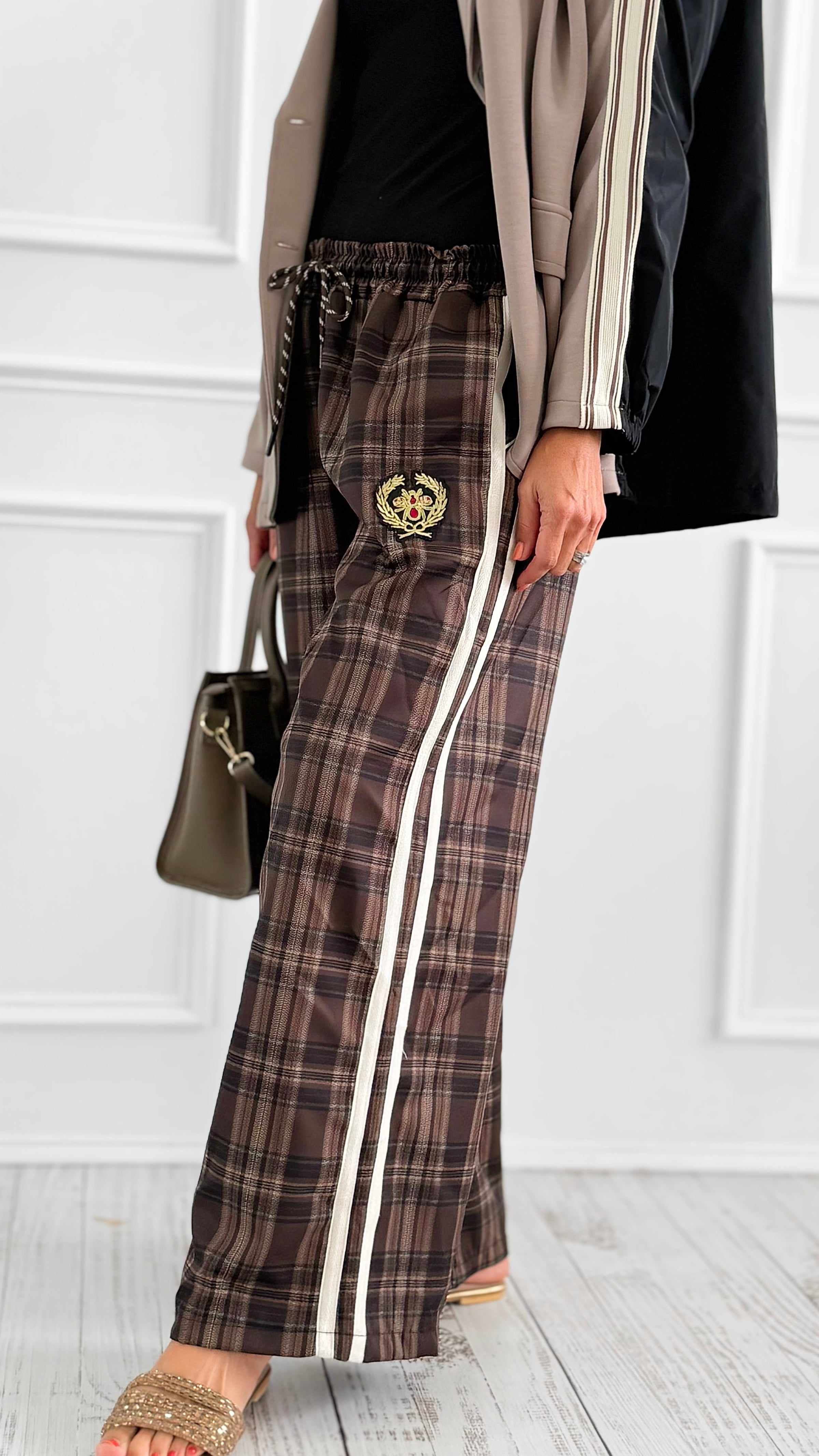 Classic Emblem Plaid Italian Pants- Brown-100 Pants-TATTOO Z-Coastal Bloom Boutique, find the trendiest versions of the popular styles and looks Located in Indialantic, FL