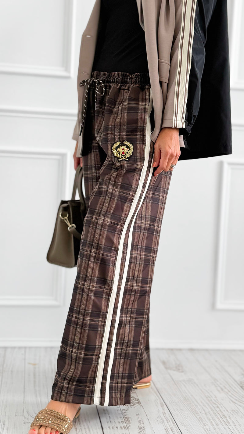 Classic Emblem Plaid Italian Pants- Brown-100 Pants-TATTOO Z-Coastal Bloom Boutique, find the trendiest versions of the popular styles and looks Located in Indialantic, FL
