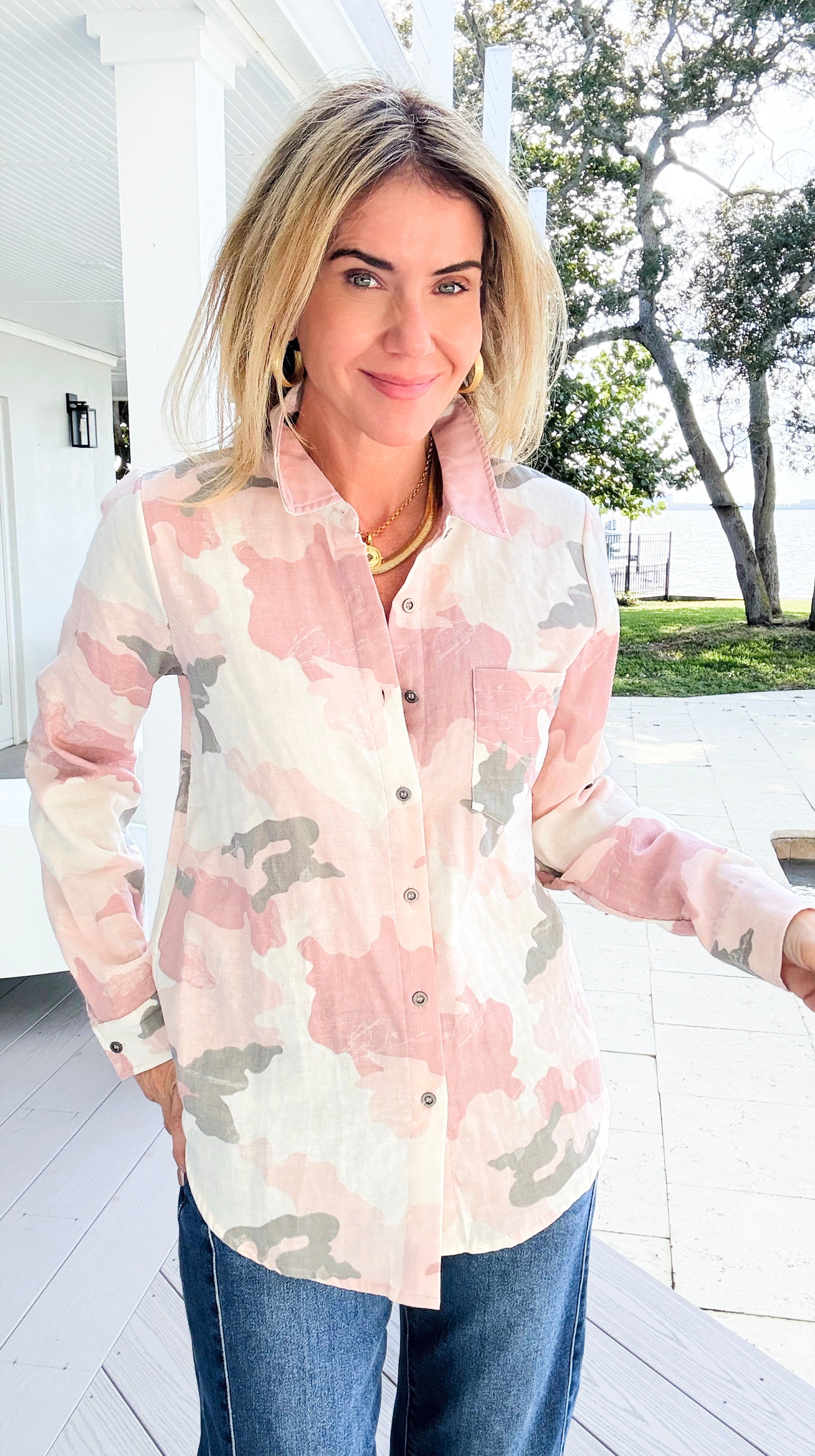 Urban Camo Button Down Top - Rose