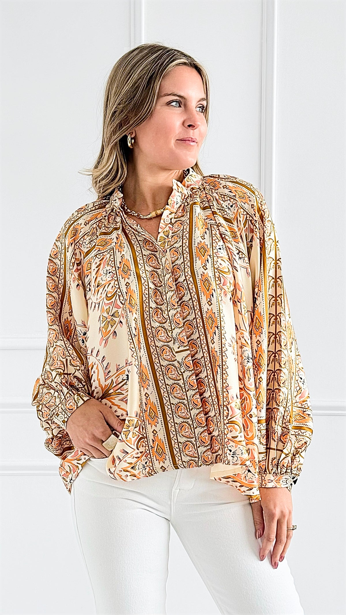 Bohemian Scarf-Print Blouse Top-130 Long Sleeve Tops-Gigio-Coastal Bloom Boutique, find the trendiest versions of the popular styles and looks Located in Indialantic, FL