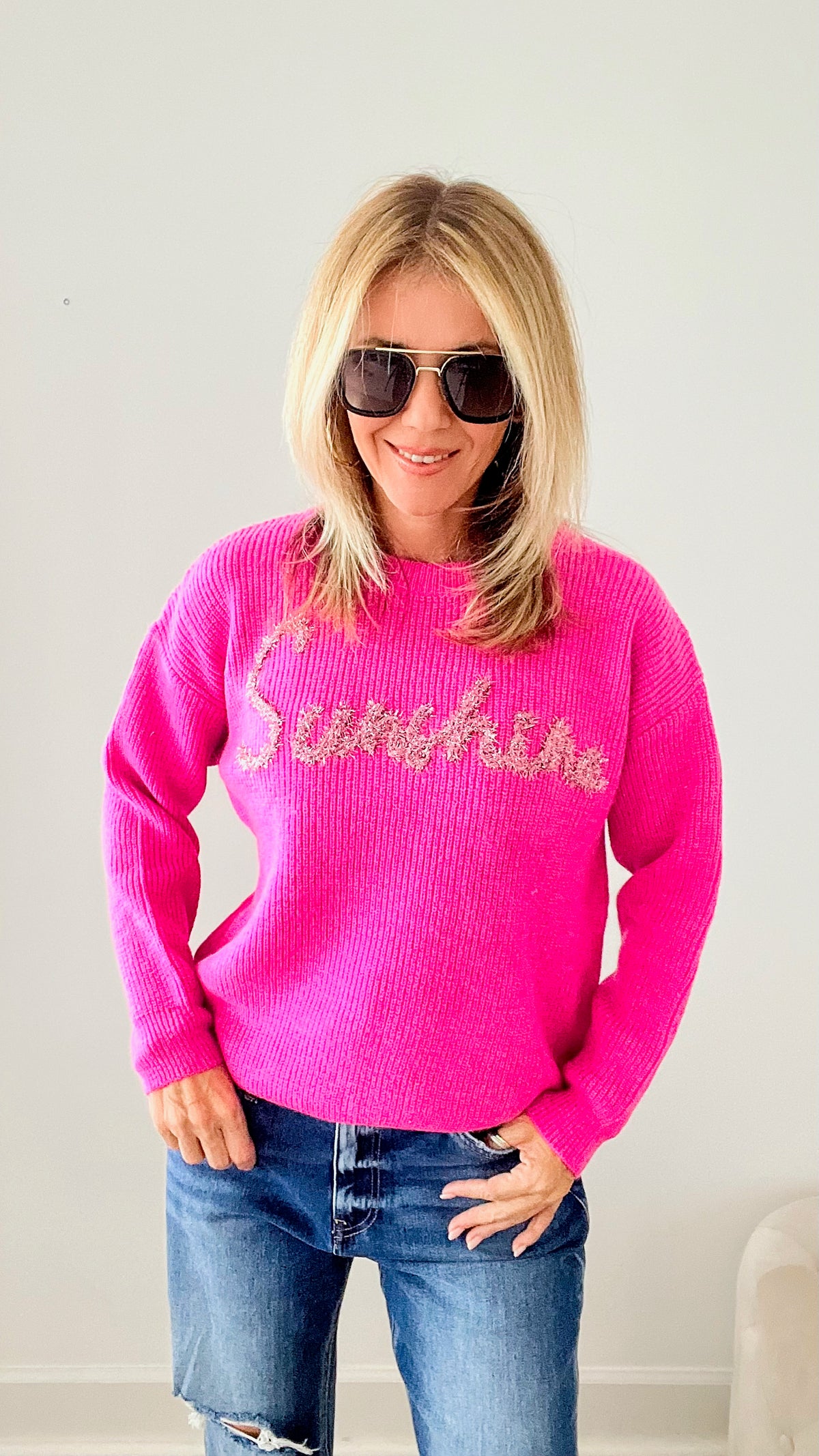 Sunshine Tinsel Fuchsia Sweater-140 Sweaters-MAIN STRIP-Coastal Bloom Boutique, find the trendiest versions of the popular styles and looks Located in Indialantic, FL