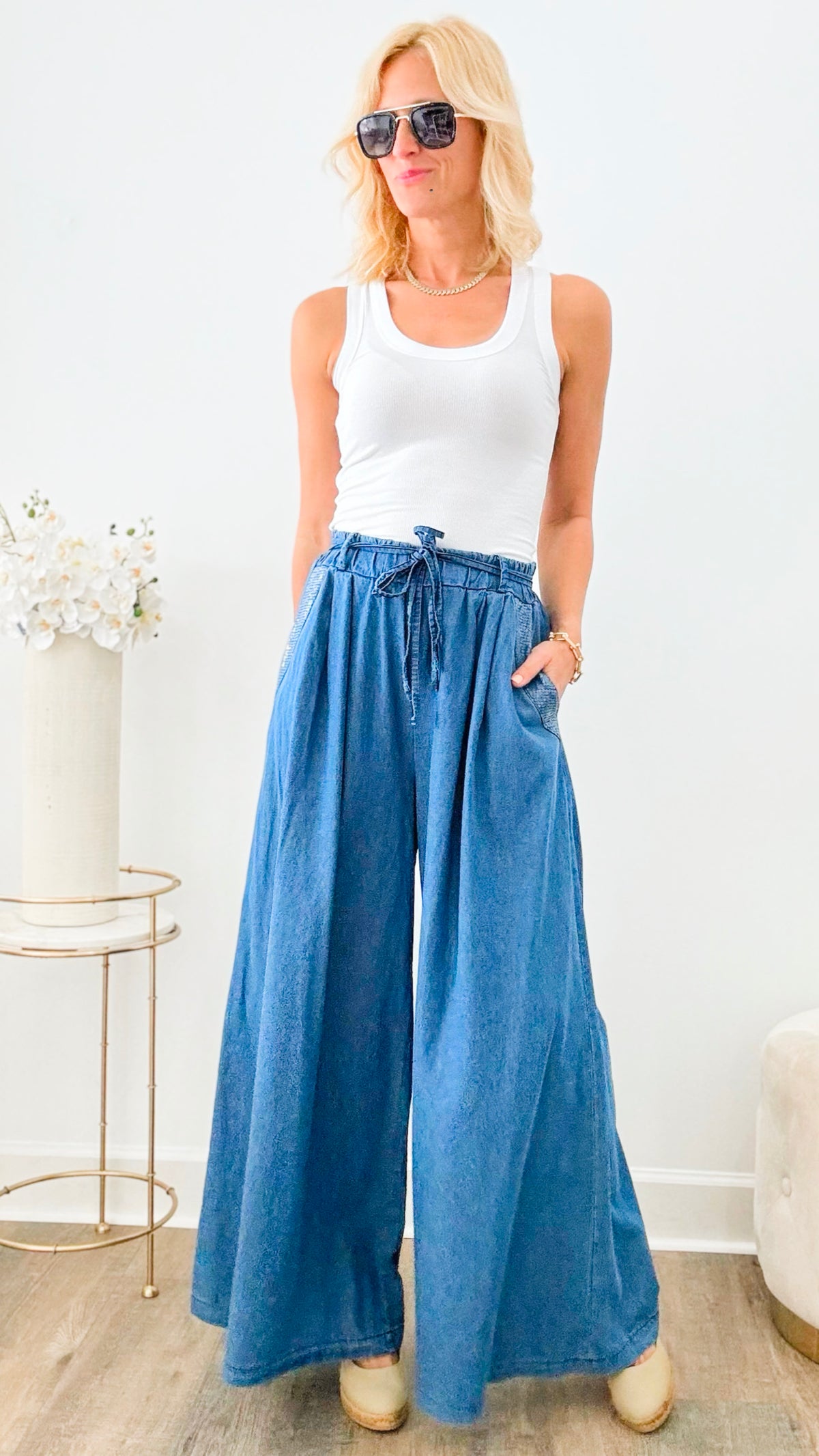 Sequin Chambray Wide Leg Italian Pant-180 Joggers-Germany-Coastal Bloom Boutique, find the trendiest versions of the popular styles and looks Located in Indialantic, FL