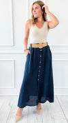 Belted Italian Linen Midi Button Skirt - Navy-170 bottoms-Italianissimo-Coastal Bloom Boutique, find the trendiest versions of the popular styles and looks Located in Indialantic, FL