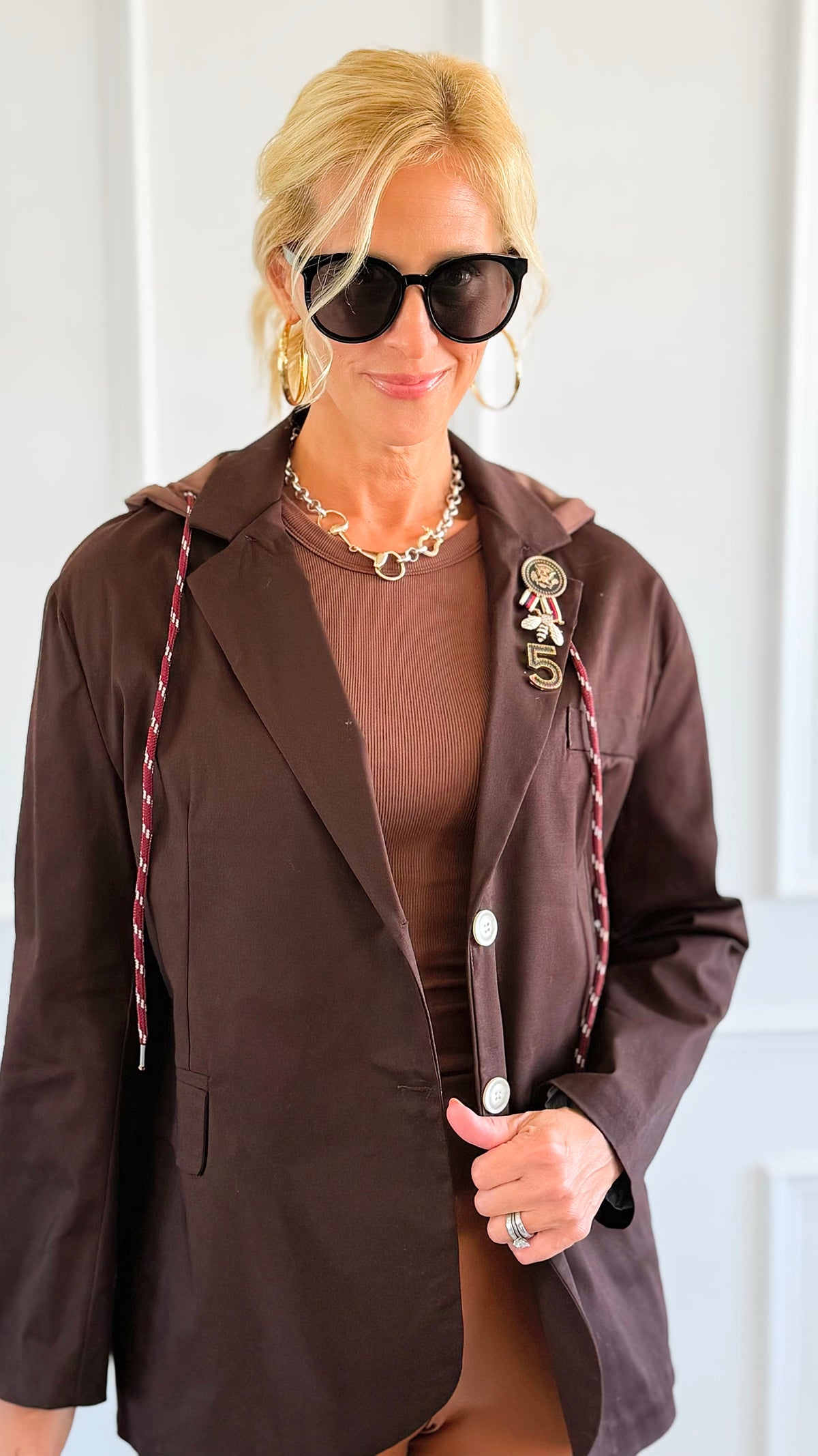Medal Luxe Italian Hooded Blazer- Brown-160 Jackets-STAR SRL-Coastal Bloom Boutique, find the trendiest versions of the popular styles and looks Located in Indialantic, FL