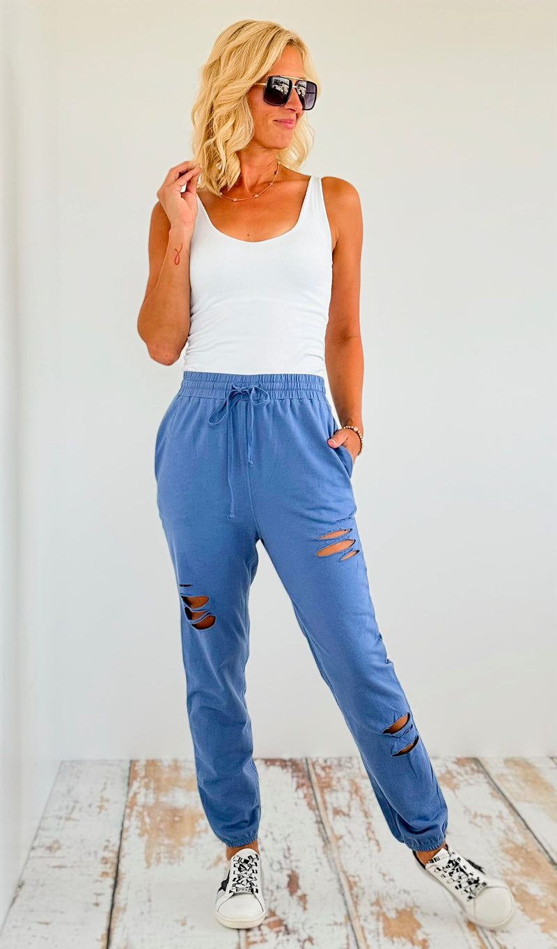 Distressed French Terry Joggers Pants-180 Joggers-oddi-Coastal Bloom Boutique, find the trendiest versions of the popular styles and looks Located in Indialantic, FL