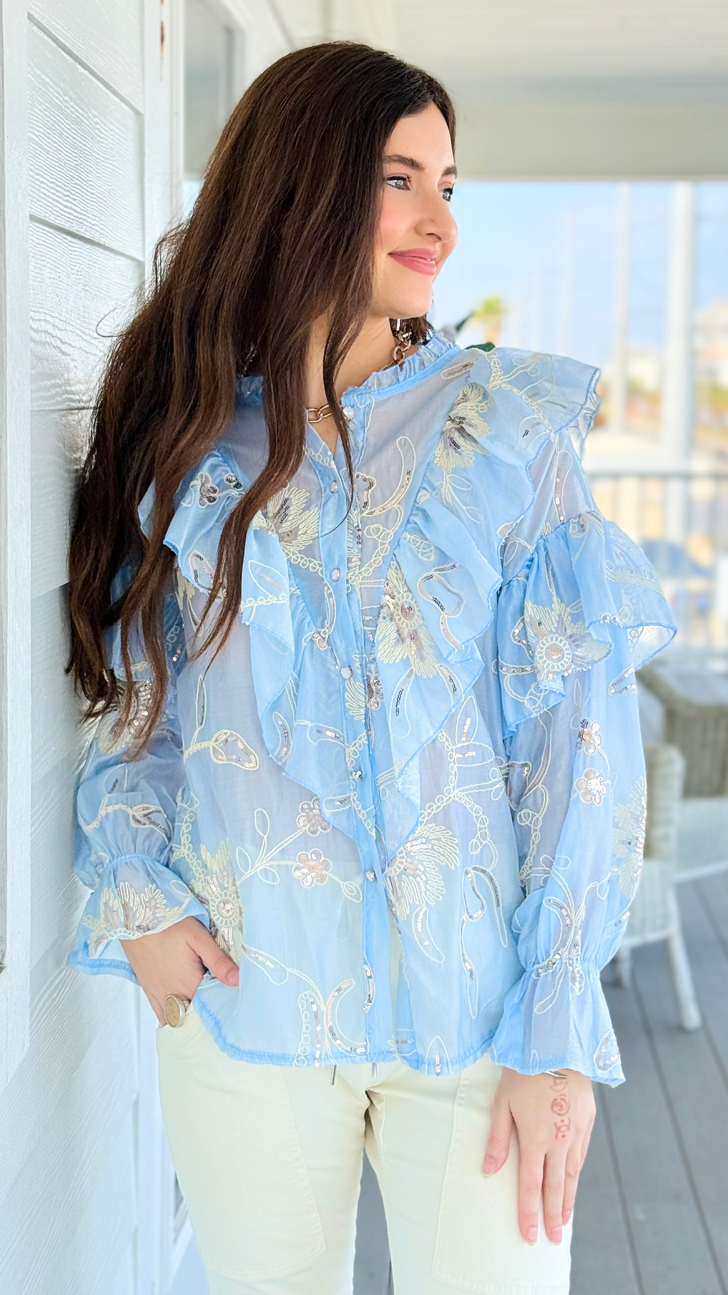 Elegance Bloom Embroidered Italian Button Top- Light Blue