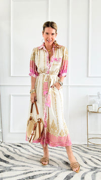 Baroque Border Belted Midi Dress