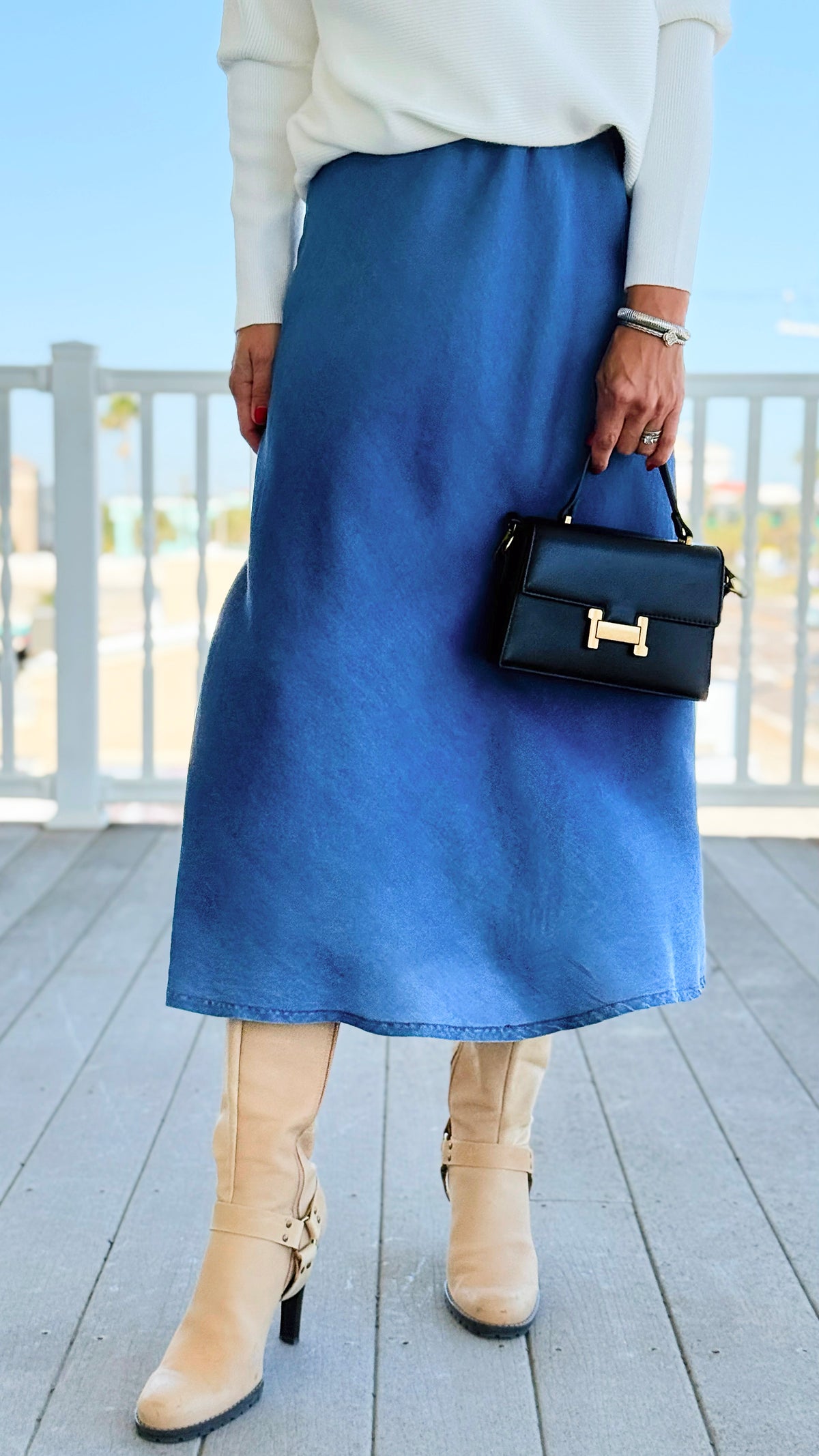 Denim Italian Midi Skirt- Medium-170 Bottoms-Italianissimo-Coastal Bloom Boutique, find the trendiest versions of the popular styles and looks Located in Indialantic, FL