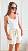 Stitched Bliss Shorts -Off White-170 Bottoms/Shorts-Gold & Silver Paris-Coastal Bloom Boutique, find the trendiest versions of the popular styles and looks Located in Indialantic, FL