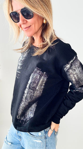 CB Custom Metallic Sweatshirt - Black/Silver-130 Long Sleeve Tops-HOLLY / CB-Coastal Bloom Boutique, find the trendiest versions of the popular styles and looks Located in Indialantic, FL