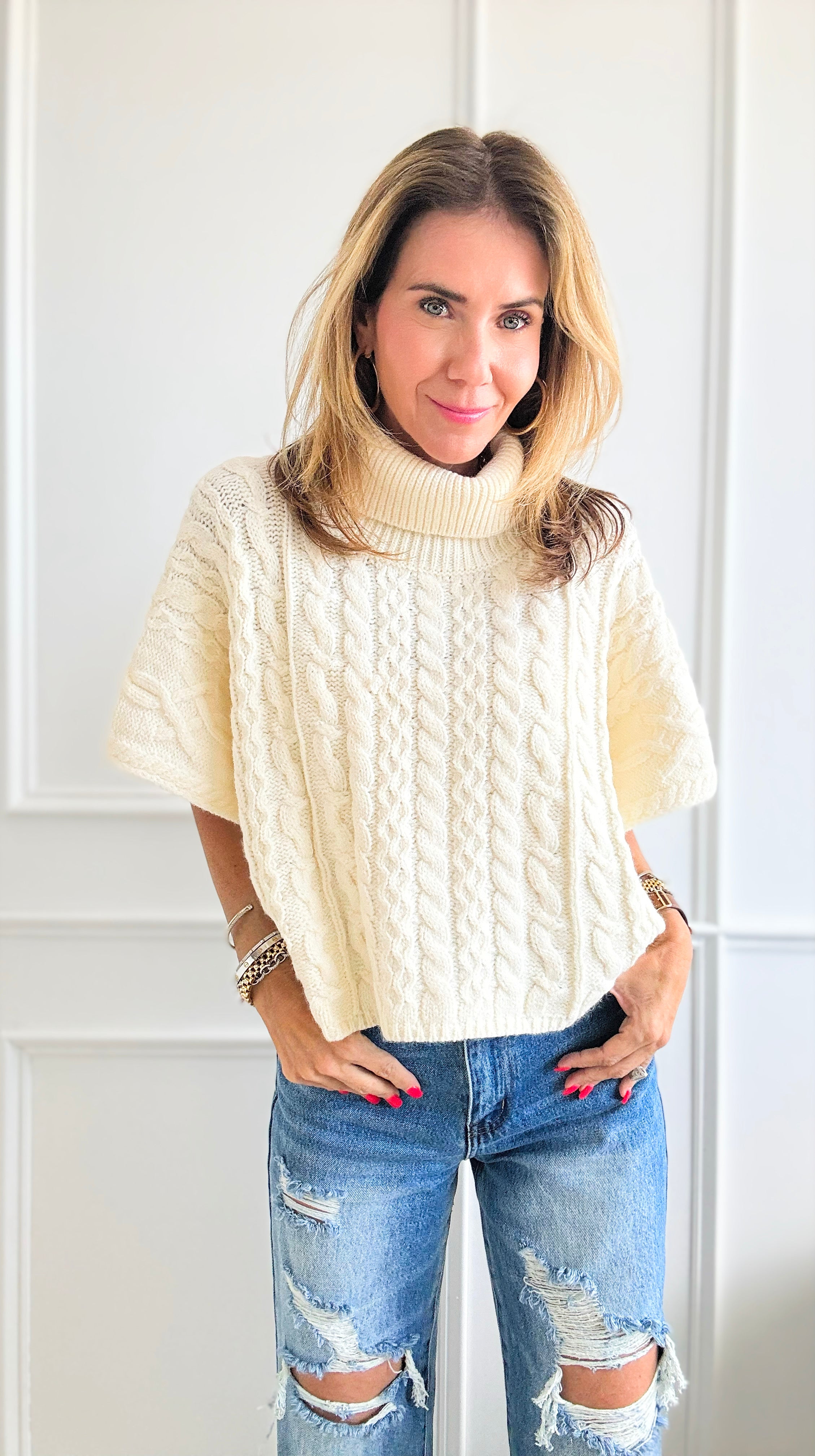 Turtle Neck Cable Knit Sweater - Ivory-140 Sweaters-LALAVON-Coastal Bloom Boutique, find the trendiest versions of the popular styles and looks Located in Indialantic, FL