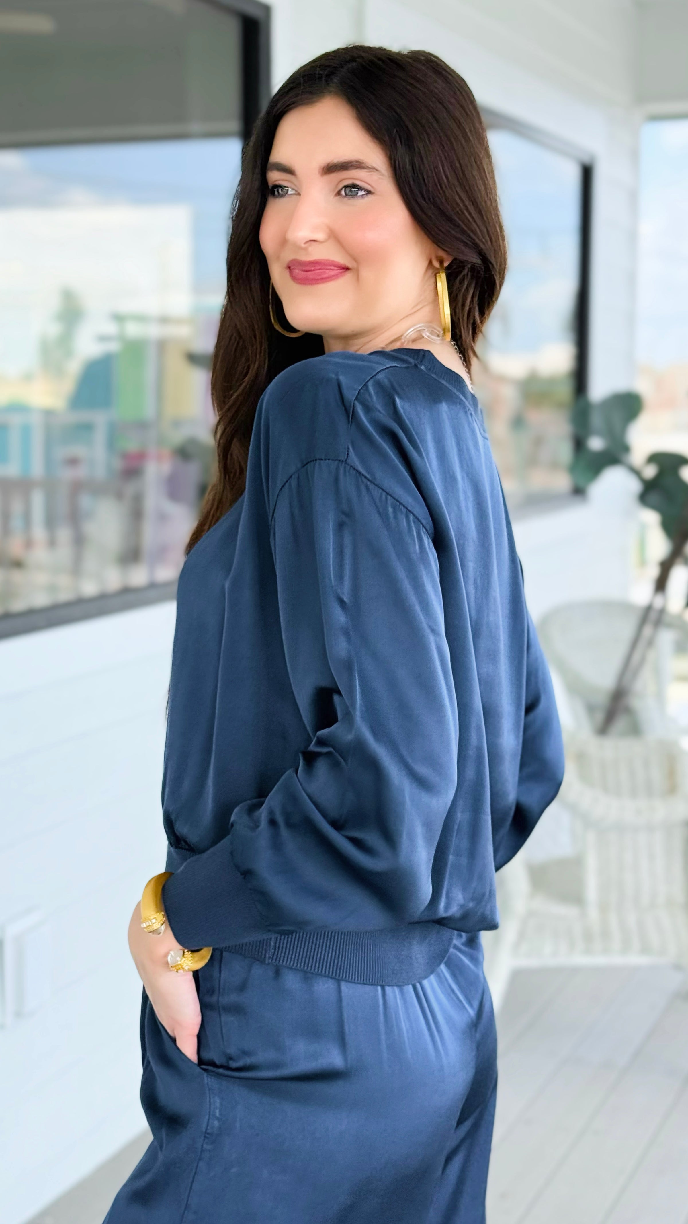 Comfort Silk Touch Italian Long Sleeve Top- Navy