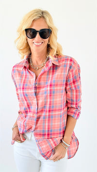 Desert Sunset Plaid Button-Up Top - Pink Multi-130 Long Sleeve Tops-La Miel-Coastal Bloom Boutique, find the trendiest versions of the popular styles and looks Located in Indialantic, FL