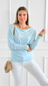 Somewhere Shoulder Knit Top - Cooling Blue-130 Long Sleeve Tops-Charlotte Avery-Coastal Bloom Boutique, find the trendiest versions of the popular styles and looks Located in Indialantic, FL