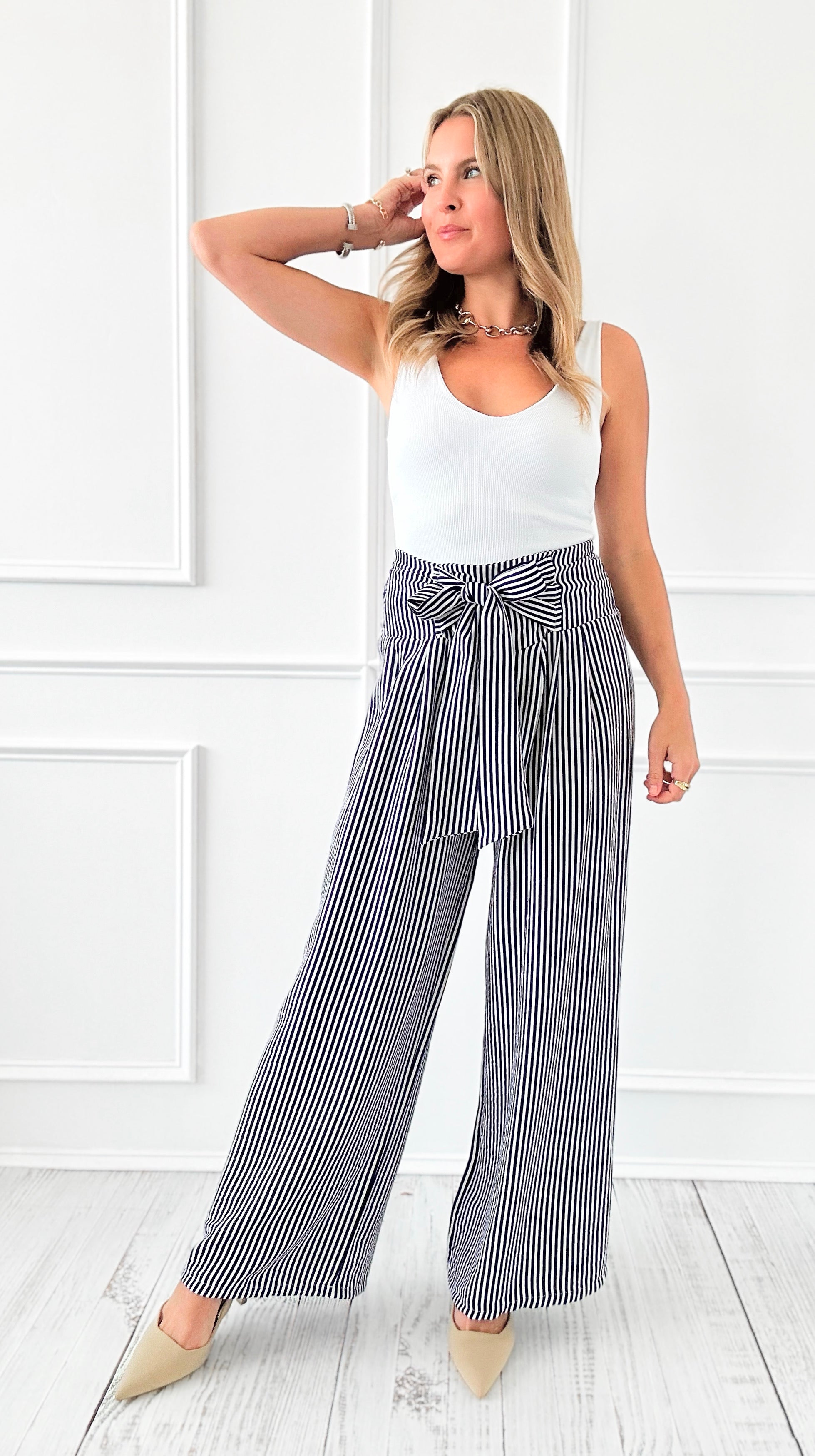 Stripe Front Bow Italian Pant-100 Pants-Italianissimo-Coastal Bloom Boutique, find the trendiest versions of the popular styles and looks Located in Indialantic, FL