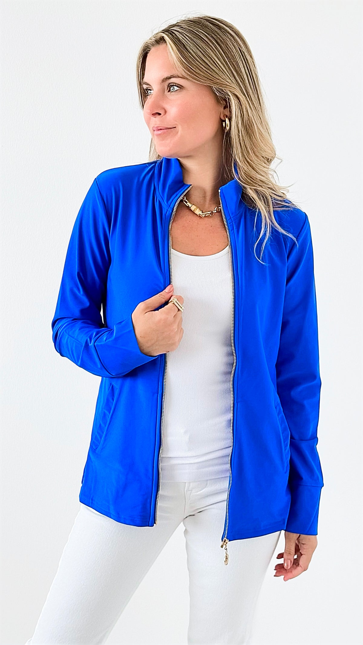 Penelope High-Neck Zip-Up - Royal Blue-160 Jackets-ARYEH-Coastal Bloom Boutique, find the trendiest versions of the popular styles and looks Located in Indialantic, FL