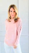 Blush Glow Lace Shoulder Top - Pink-140 Sweaters-cinniya-Coastal Bloom Boutique, find the trendiest versions of the popular styles and looks Located in Indialantic, FL