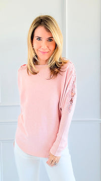 Blush Glow Lace Shoulder Top - Pink-140 Sweaters-cinniya-Coastal Bloom Boutique, find the trendiest versions of the popular styles and looks Located in Indialantic, FL