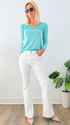 Recoleta Lurex Trim Italian Top - Aqua-130 Long Sleeve Tops-Italianissimo-Coastal Bloom Boutique, find the trendiest versions of the popular styles and looks Located in Indialantic, FL