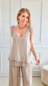 Flowy Italian Shoulder Tie Tank - Taupe-100 Sleeveless Tops-Italianissimo-Coastal Bloom Boutique, find the trendiest versions of the popular styles and looks Located in Indialantic, FL