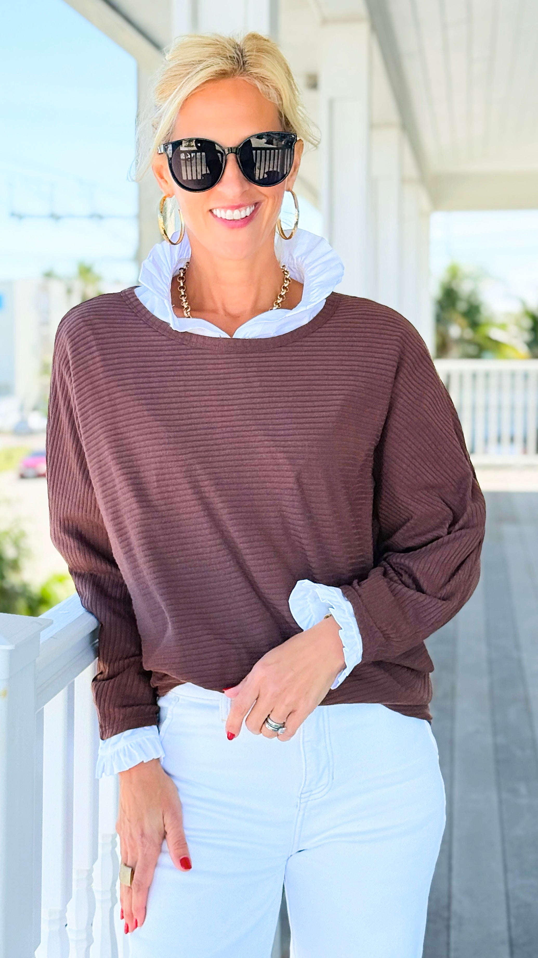 Everyday Essentials Horizontal Rib Top - Brown-110 Long Sleeve Tops-Zenana-Coastal Bloom Boutique, find the trendiest versions of the popular styles and looks Located in Indialantic, FL