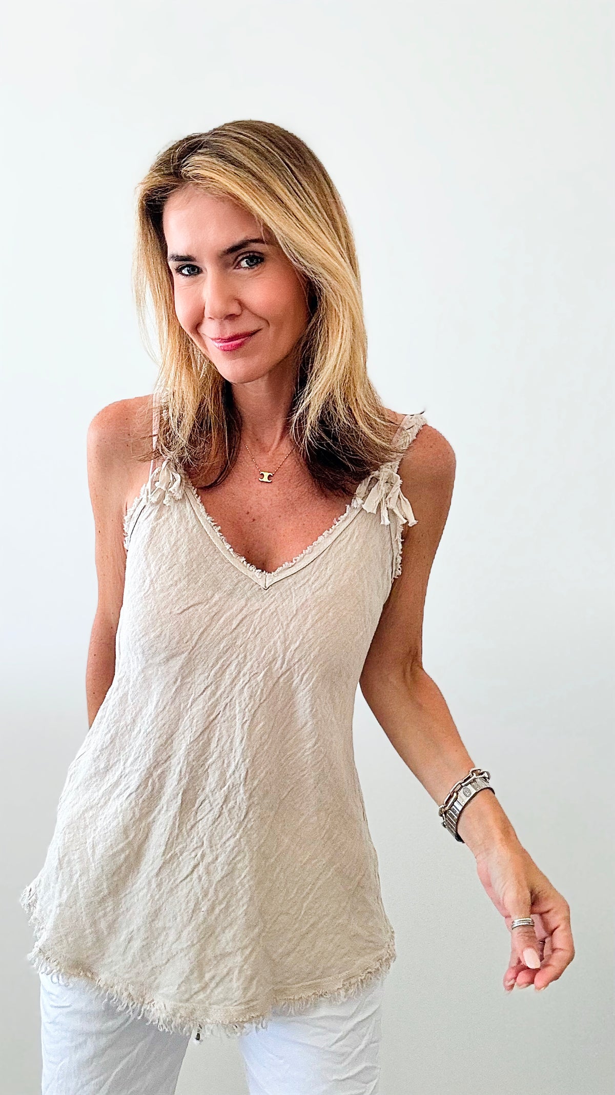 Braided Detail Italian Linen Tank - Ecru-100 Sleeveless Tops-Germany-Coastal Bloom Boutique, find the trendiest versions of the popular styles and looks Located in Indialantic, FL