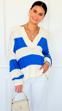 Touchdown Stripe Collar Sweater-140 Sweaters-ODDI-Coastal Bloom Boutique, find the trendiest versions of the popular styles and looks Located in Indialantic, FL