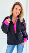 Glow Getter Sherpa Zip Sweatshirt - Black/Neon Pink-130 Long Sleeve Tops-BIBI-Coastal Bloom Boutique, find the trendiest versions of the popular styles and looks Located in Indialantic, FL