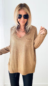 Shimmer and Shine V-Neck Italian Ribbed Pullover - Camel-140 Sweaters-Germany-Coastal Bloom Boutique, find the trendiest versions of the popular styles and looks Located in Indialantic, FL