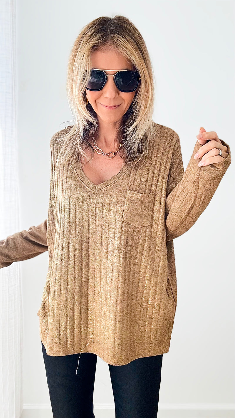 Shimmer and Shine V-Neck Italian Ribbed Pullover - Camel-140 Sweaters-Germany-Coastal Bloom Boutique, find the trendiest versions of the popular styles and looks Located in Indialantic, FL