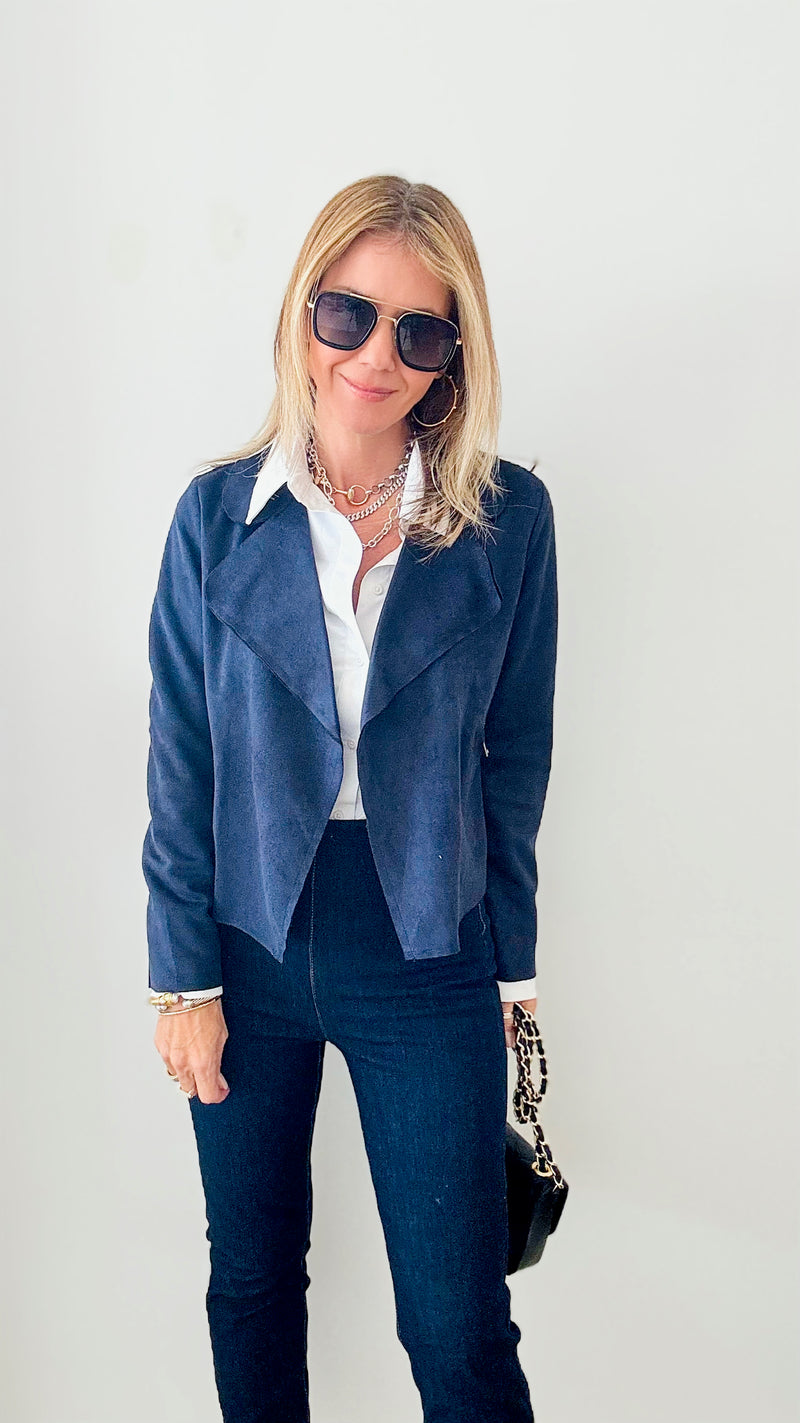 Wide Collar Faux Suede Short Jacket - Navy-160 Jackets-VENTI6 OUTLET-Coastal Bloom Boutique, find the trendiest versions of the popular styles and looks Located in Indialantic, FL