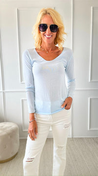 Recoleta Lurex Trim Italian Top - Sky Blue-130 Long Sleeve Tops-Italianissimo-Coastal Bloom Boutique, find the trendiest versions of the popular styles and looks Located in Indialantic, FL